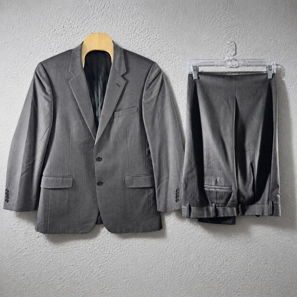 3076 | Jos A Bank Signature Herringbone Wool Suit Set Gray Mens 46L 41W Formal